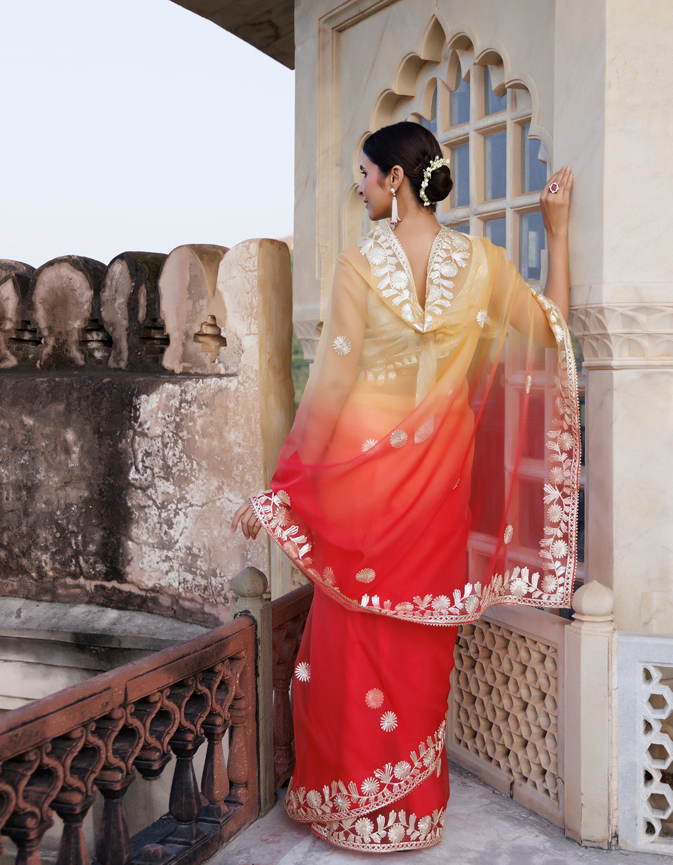 Red Yellow Shaded Handcrafted Gota Patti Organza Saree