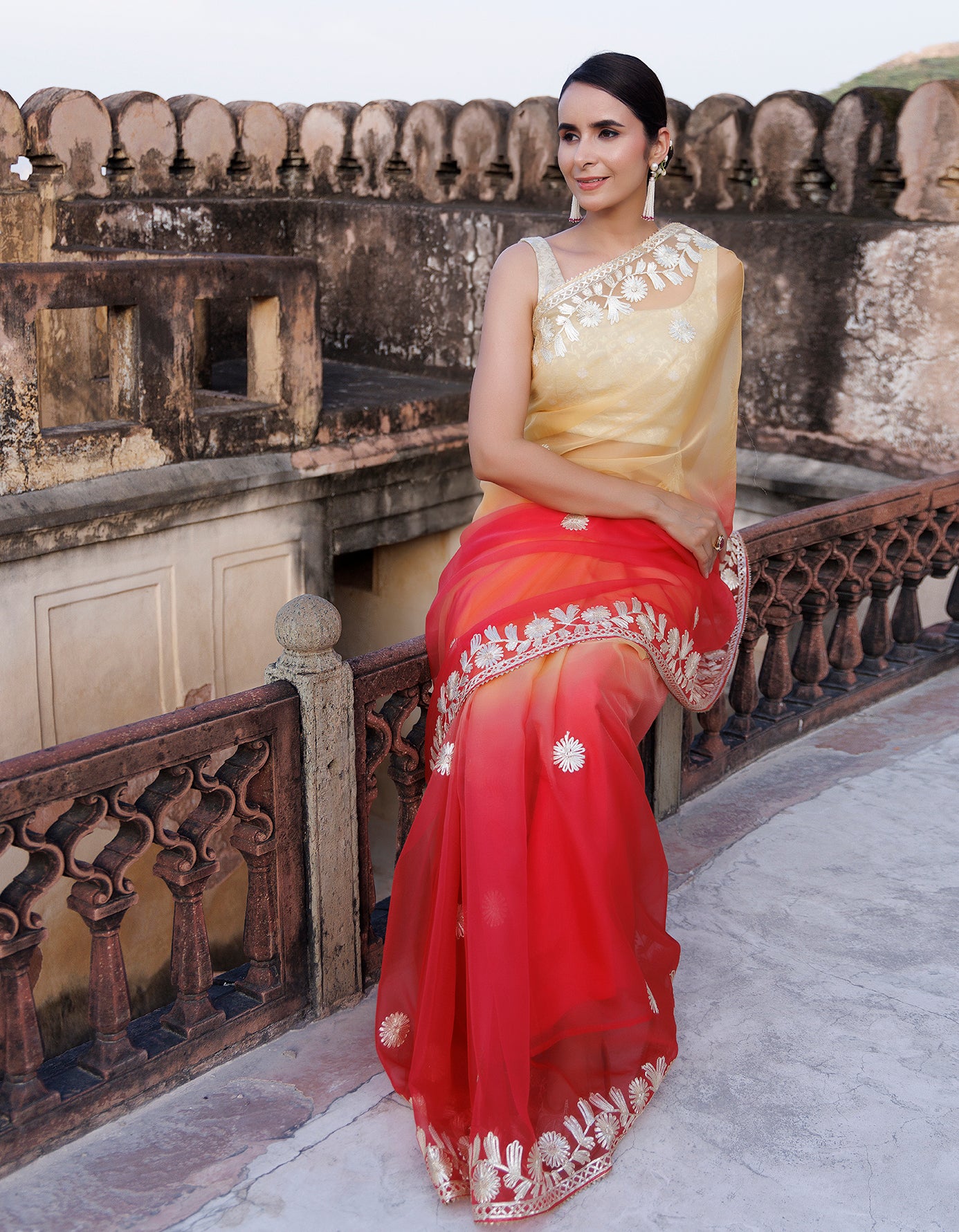 Red Yellow Shaded Handcrafted Gota Patti Organza Saree