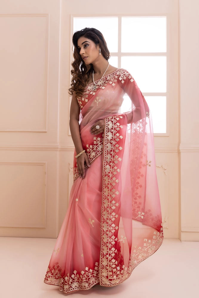 Peach Shaded Handcrafted Gota Patti Organza Saree