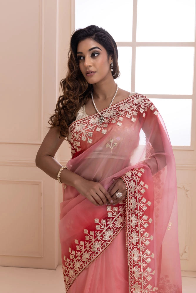 Peach Shaded Handcrafted Gota Patti Organza Saree