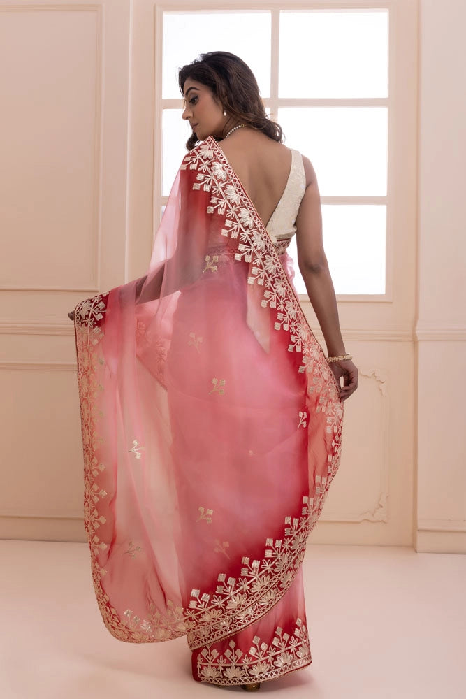 Peach Shaded Handcrafted Gota Patti Organza Saree