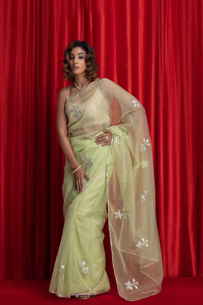 Green Handcrafted Gota Patti Organza Saree