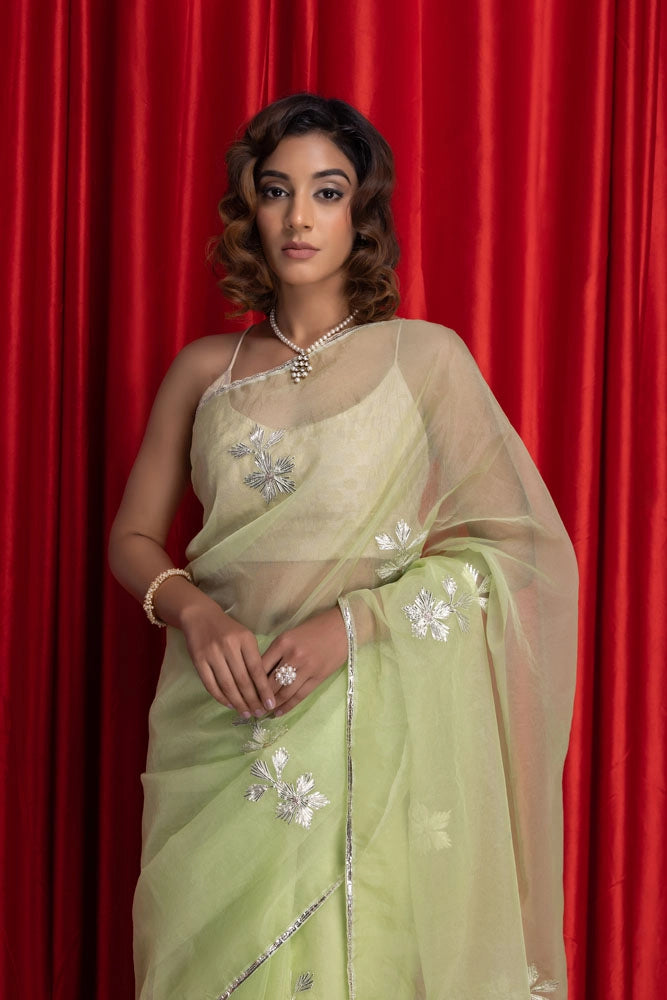 Green Handcrafted Gota Patti Organza Saree