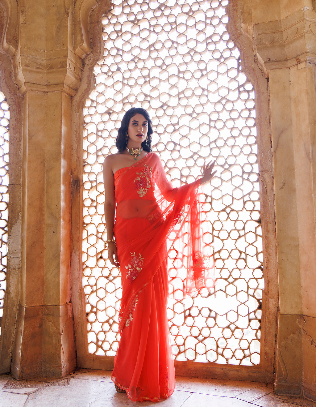 Peach Handcrafted Aari-Sequins Chiffon Saree