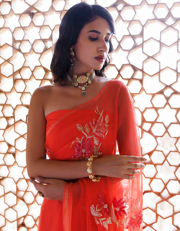 Peach Handcrafted Aari-Sequins Chiffon Saree