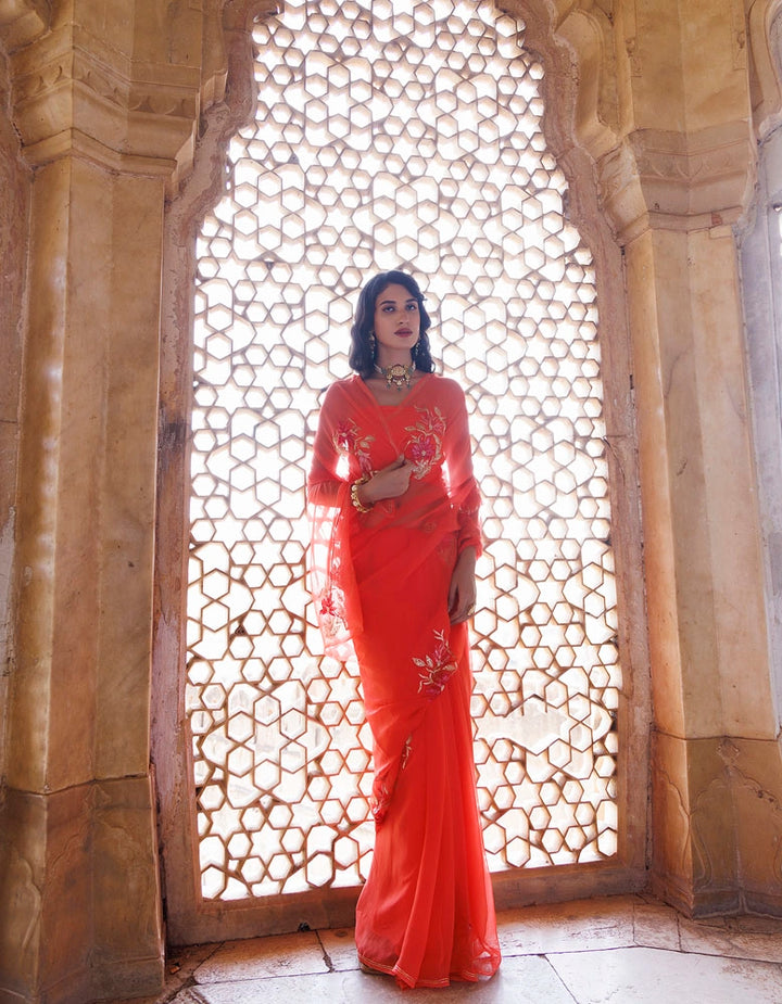 Peach Handcrafted Aari-Sequins Chiffon Saree