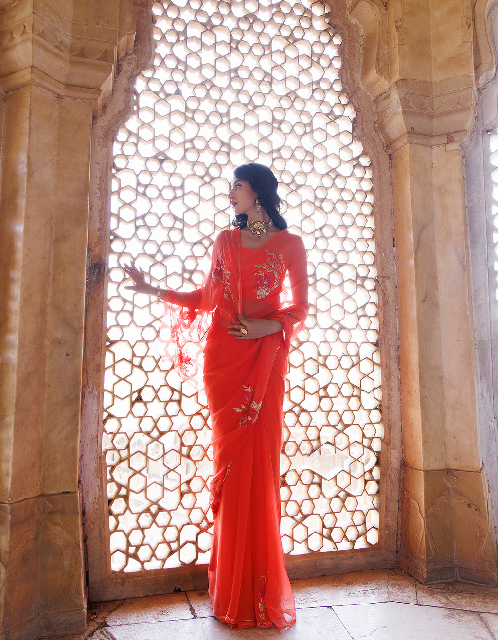 Peach Handcrafted Aari-Sequins Chiffon Saree