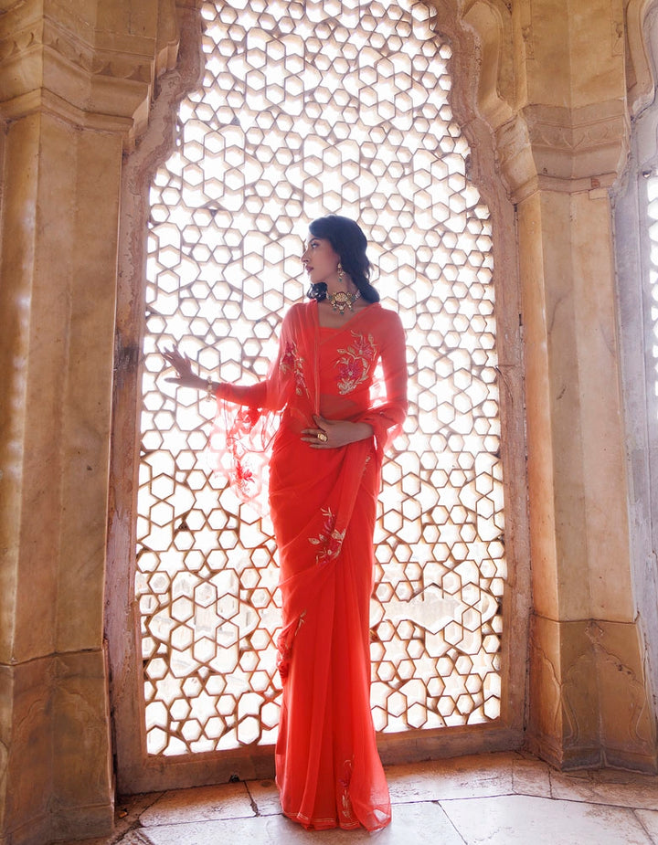 Peach Handcrafted Aari-Sequins Chiffon Saree
