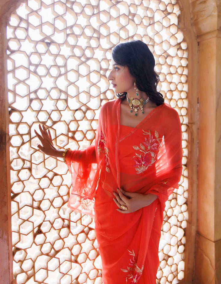 Peach Handcrafted Aari-Sequins Chiffon Saree