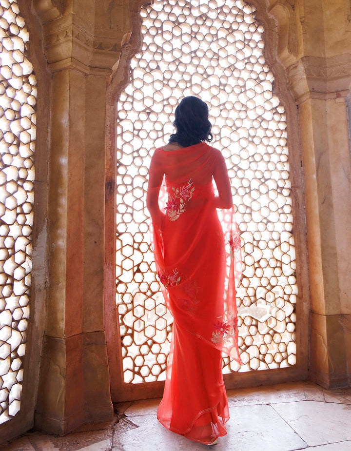 Peach Handcrafted Aari-Sequins Chiffon Saree