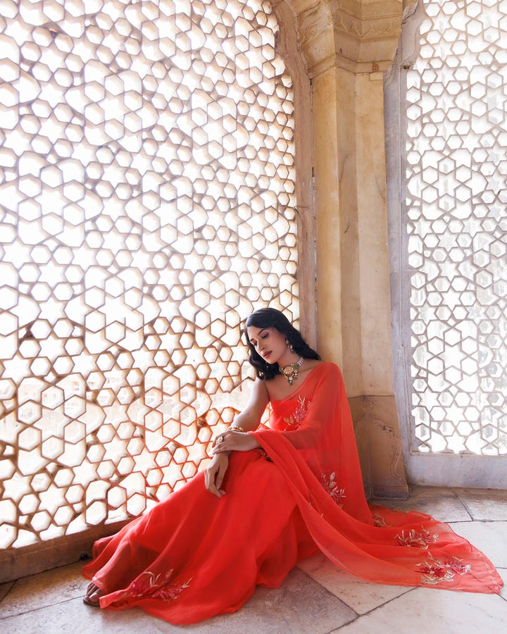 Peach Handcrafted Aari-Sequins Chiffon Saree