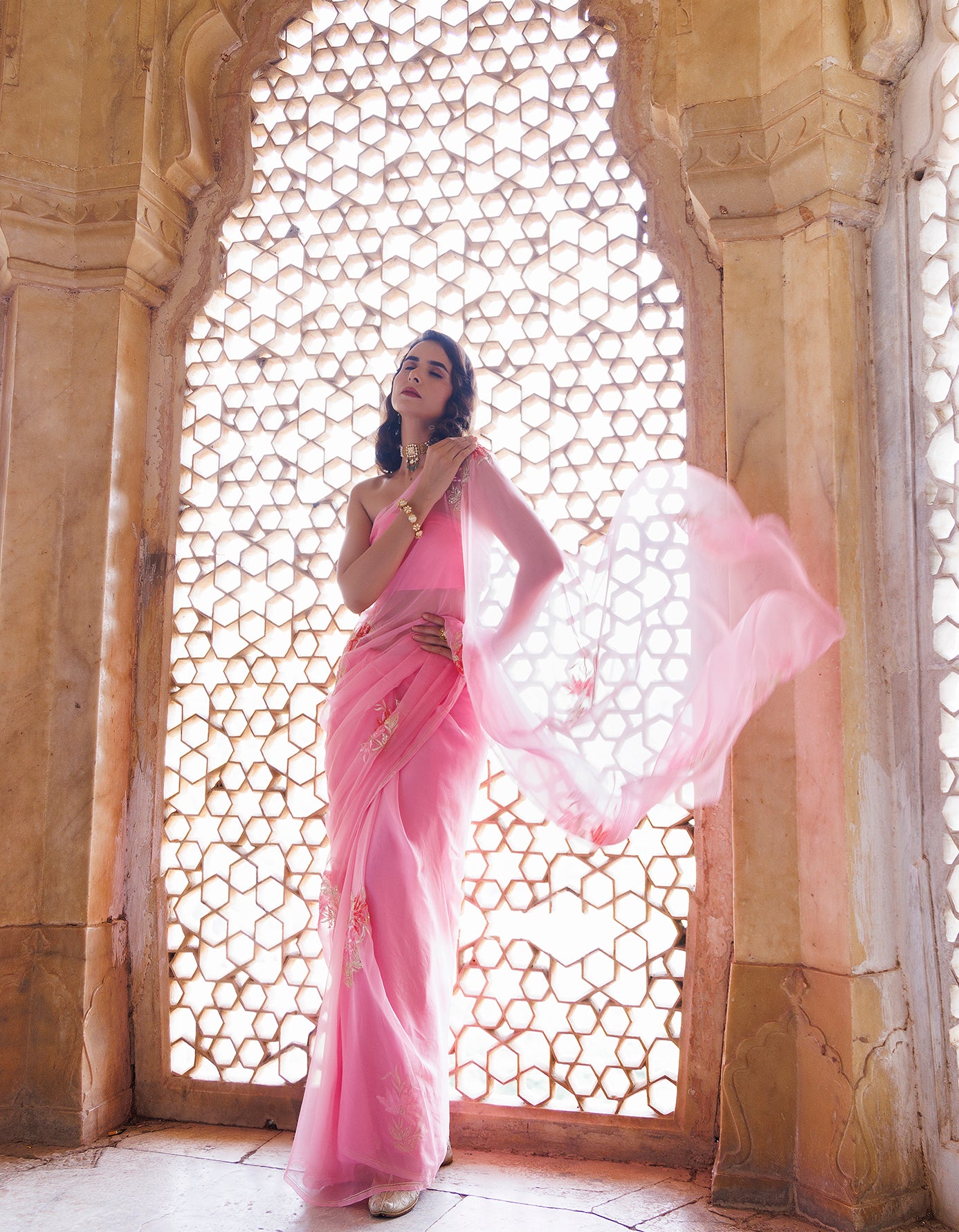 Tripti Dimri In Pink Handcrafted Aari-Sequins Chiffon Saree