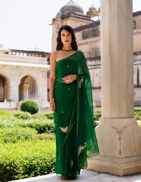 Green Hand Embroidered Aari-Tube Chiffon Saree