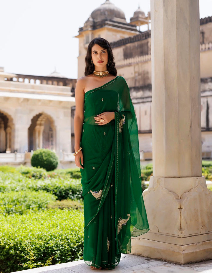 Green Hand embroidered Aari-tube Chiffon saree