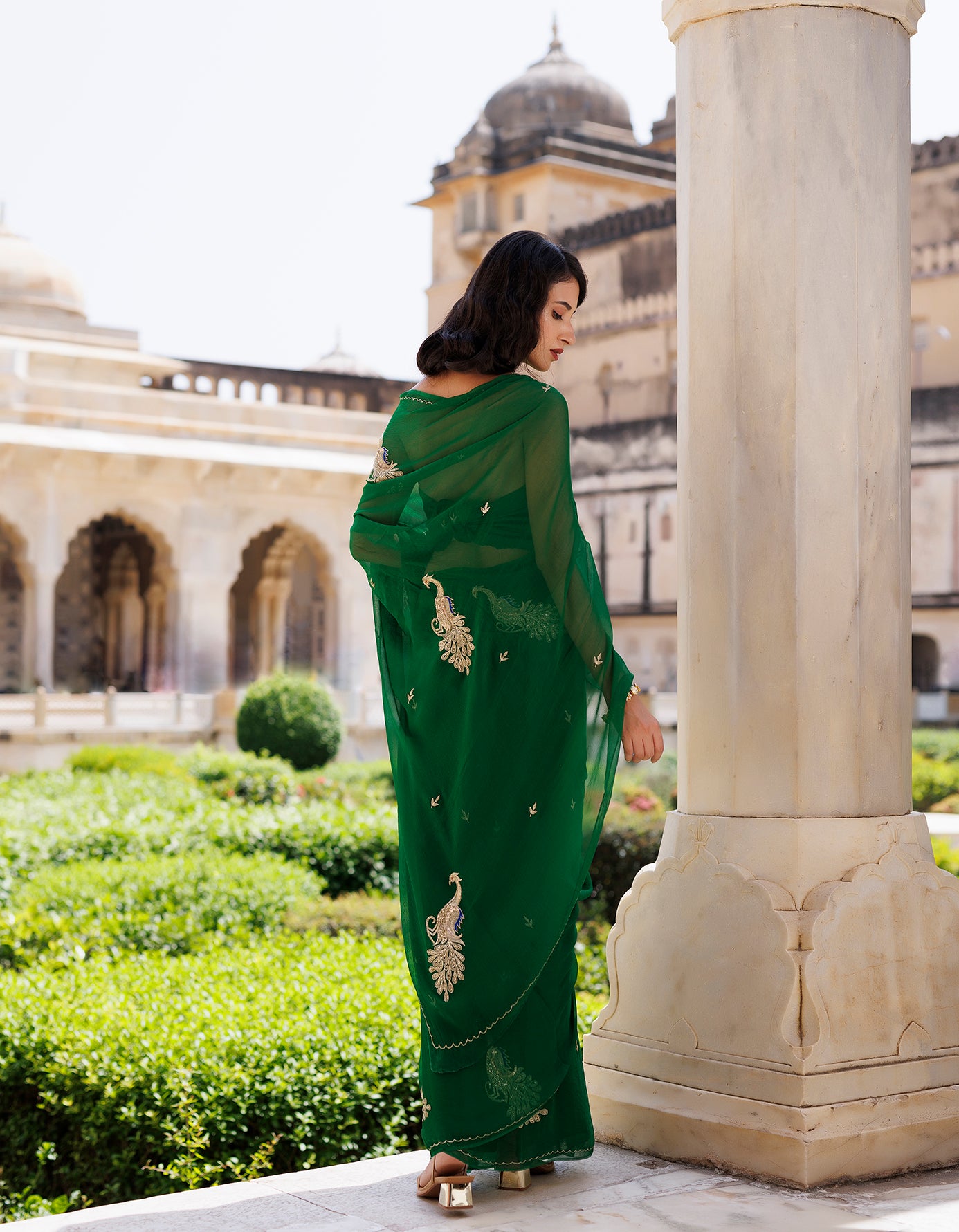 Green Hand Embroidered Aari-Tube Chiffon Saree