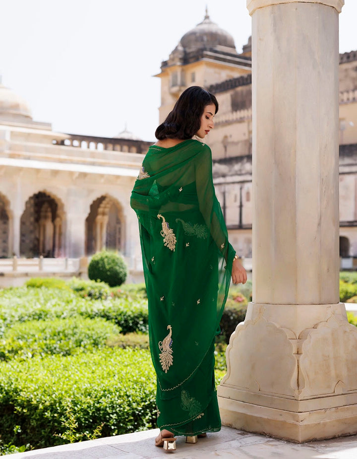 Green Hand embroidered Aari-tube Chiffon saree