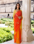 Orange-Yellow Shaded Hand Embroidery Aari & Gotta Patti Work Chiffon Saree