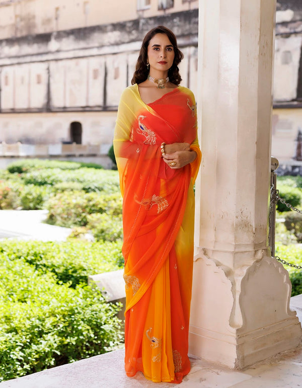 Yellow & Orange Hand Embroidered Shaded Chiffon saree