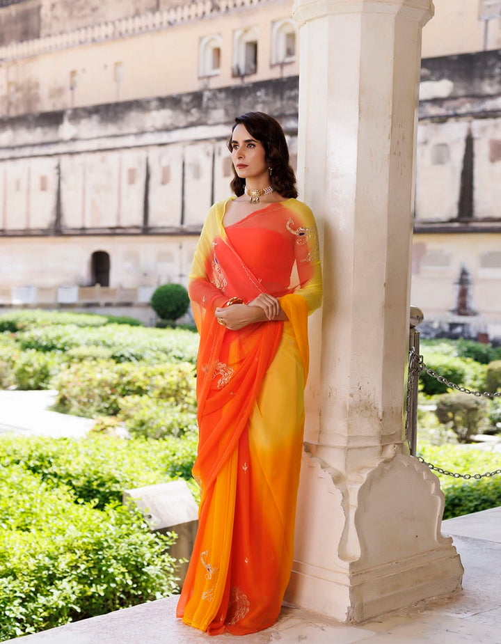 Yellow & Orange Hand Embroidered Shaded Chiffon saree