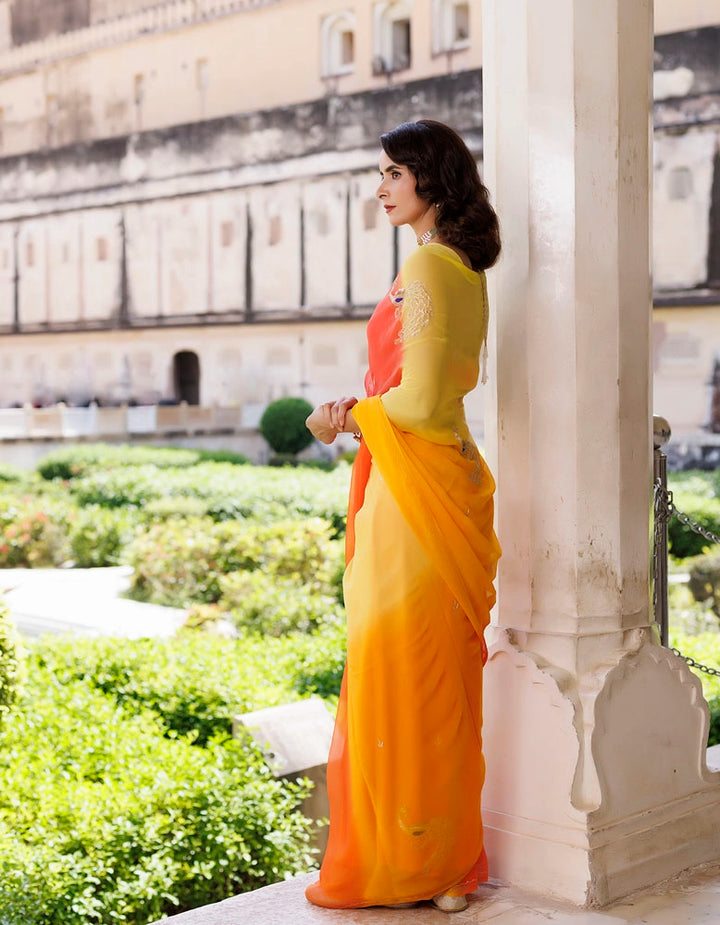 Yellow & Orange Hand Embroidered Shaded Chiffon saree