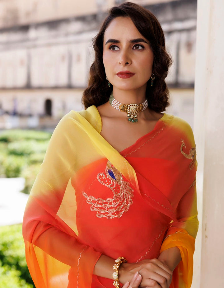 Yellow & Orange Hand Embroidered Shaded Chiffon saree