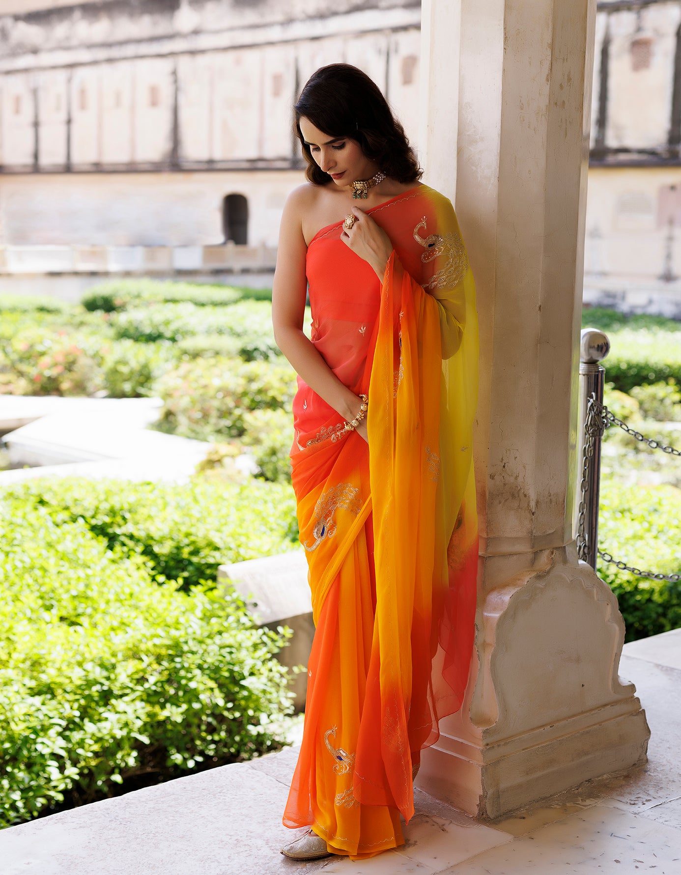 Orange-Yellow Shaded Hand Embroidery Aari & Gotta Patti Work Chiffon Saree