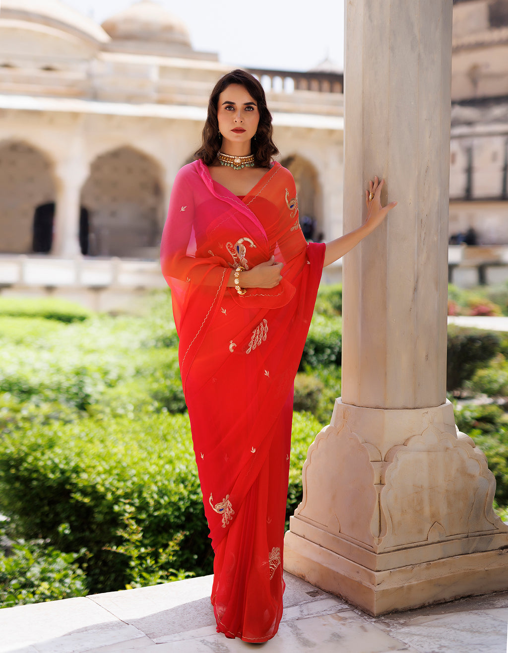 Orange Shaded Hand Embroidery Aari & Gotta Patti Work Chiffon Saree