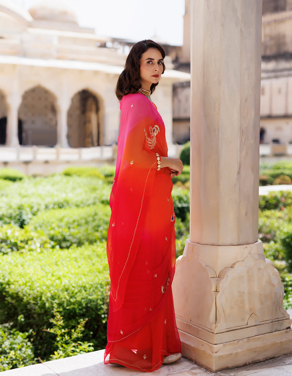 Orange Shaded Hand Embroidery Aari & Gotta Patti Work Chiffon Saree