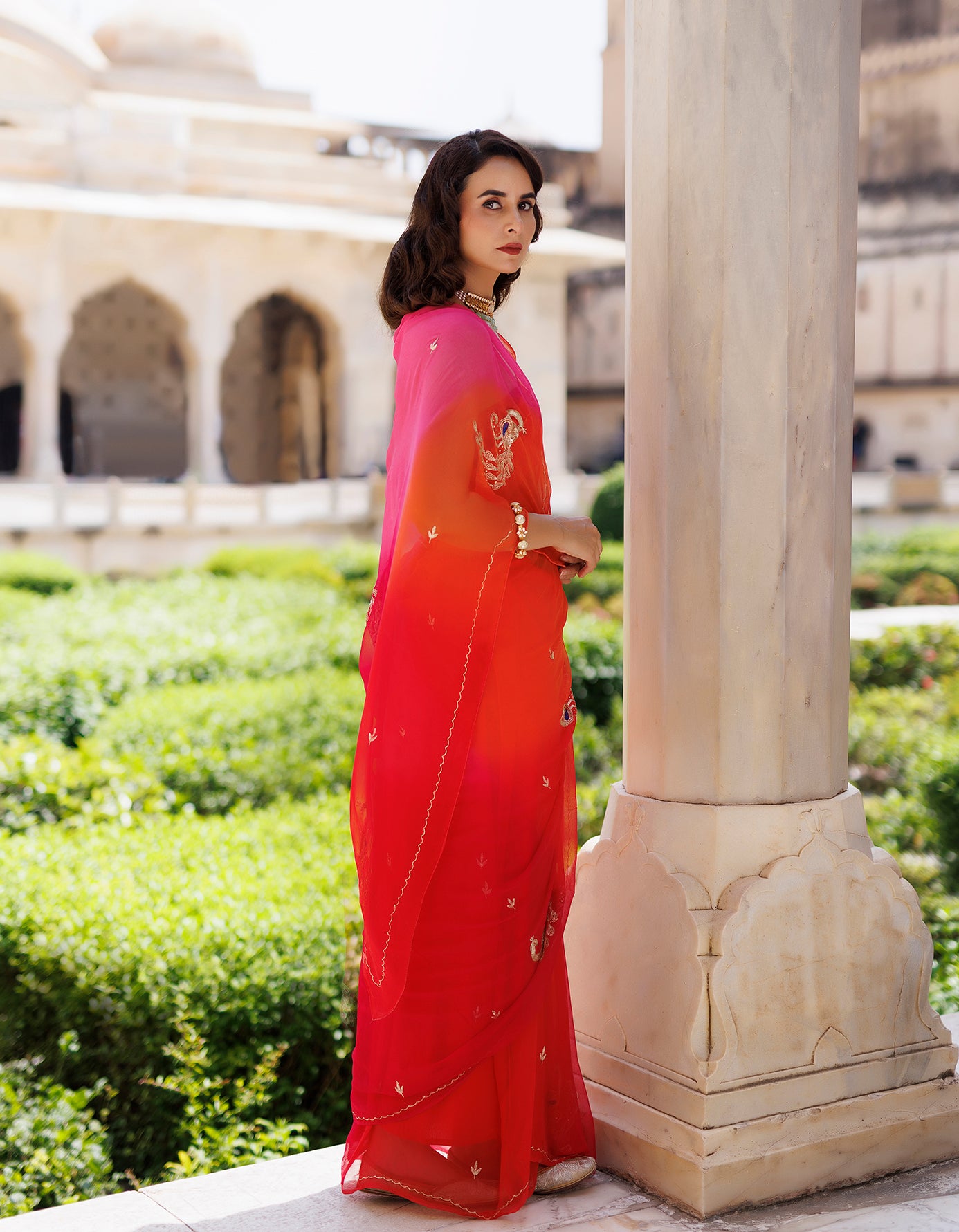 Orange Shaded Hand Embroidery Aari & Gotta Patti Work Chiffon Saree