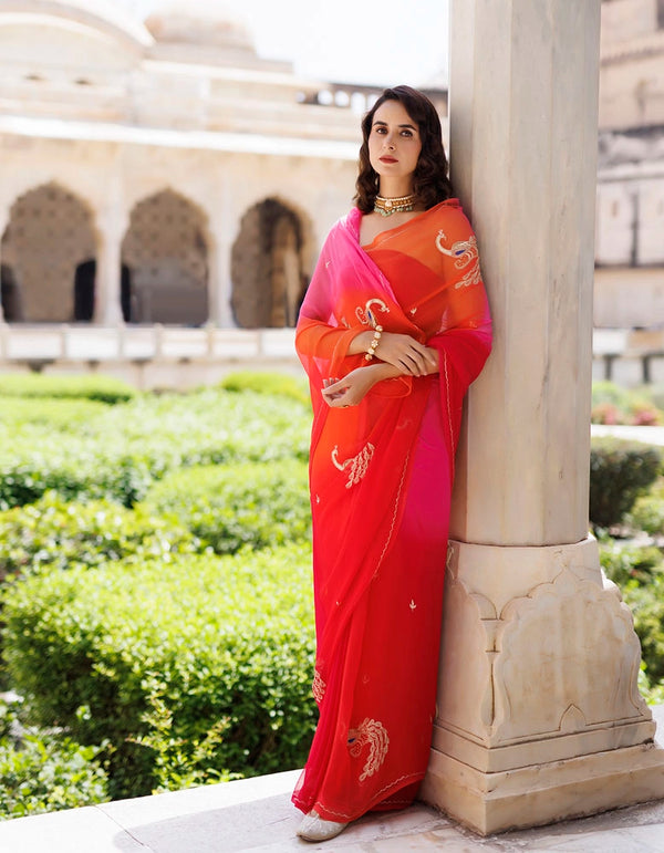 Pink & Orange shaded Hand embroidered Chiffon saree
