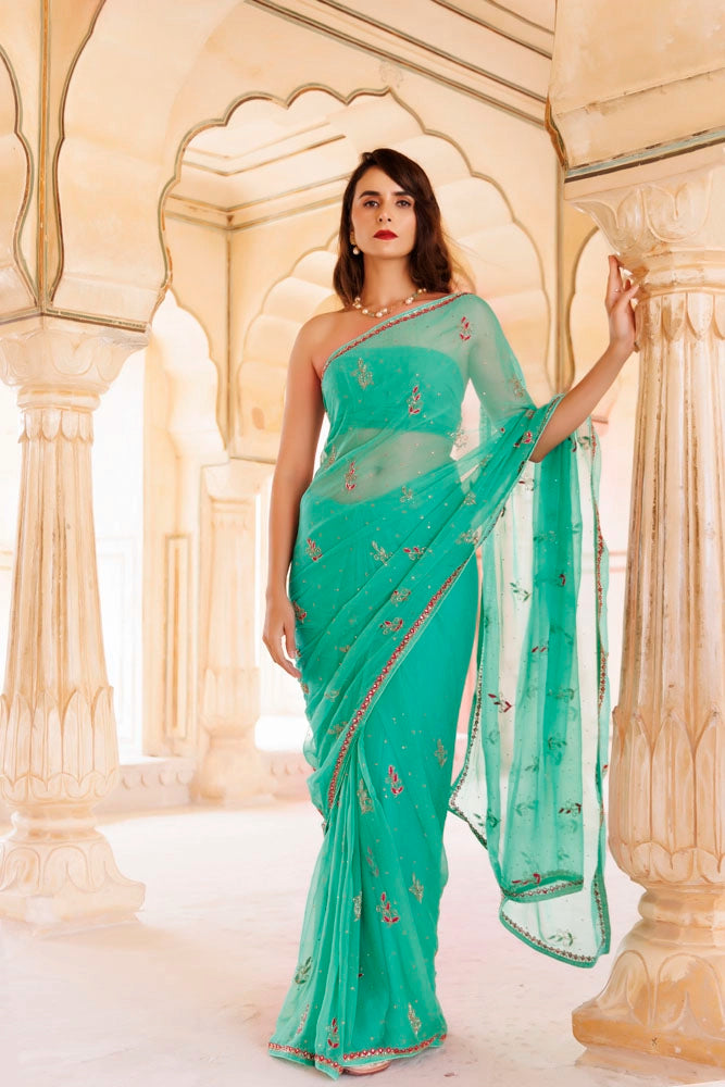 Green Hand Embroidered Resham-Tube Chiffon Saree