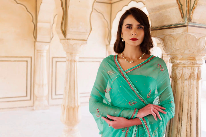 Green Hand Embroidered Resham-Tube Chiffon Saree