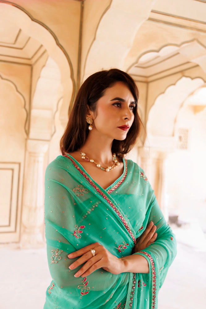 Green Hand Embroidered Resham-Tube Chiffon Saree