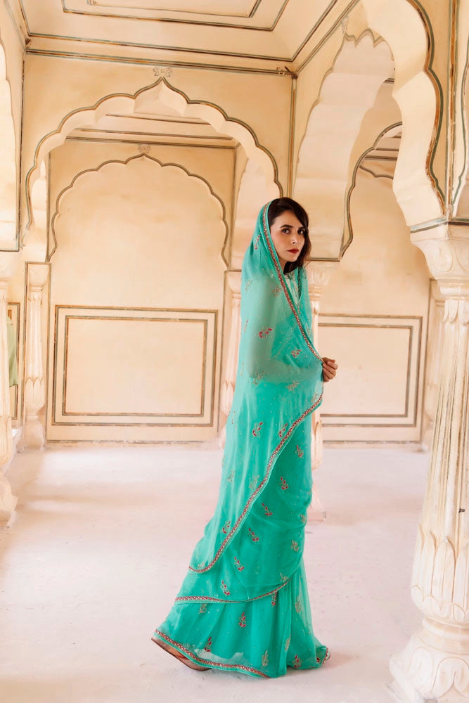 Green Hand Embroidered Resham-Tube Chiffon Saree