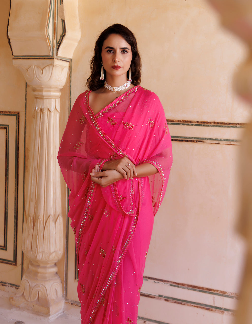 Hot Pink Hand Embroidered Resham-Tube Chiffon Saree