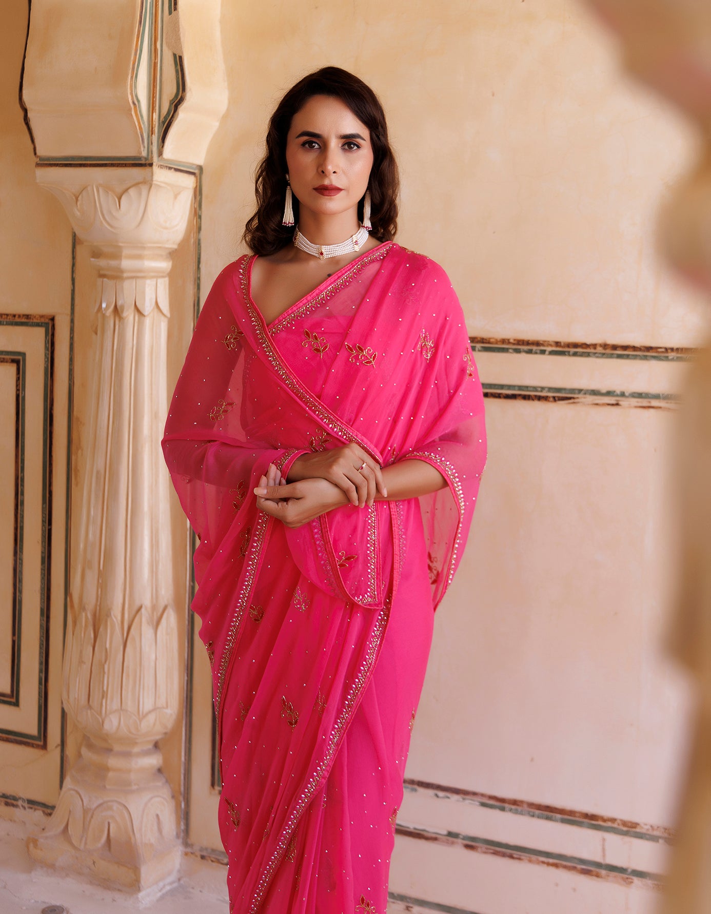 Hot Pink Hand Embroidered Resham-Tube Chiffon Saree
