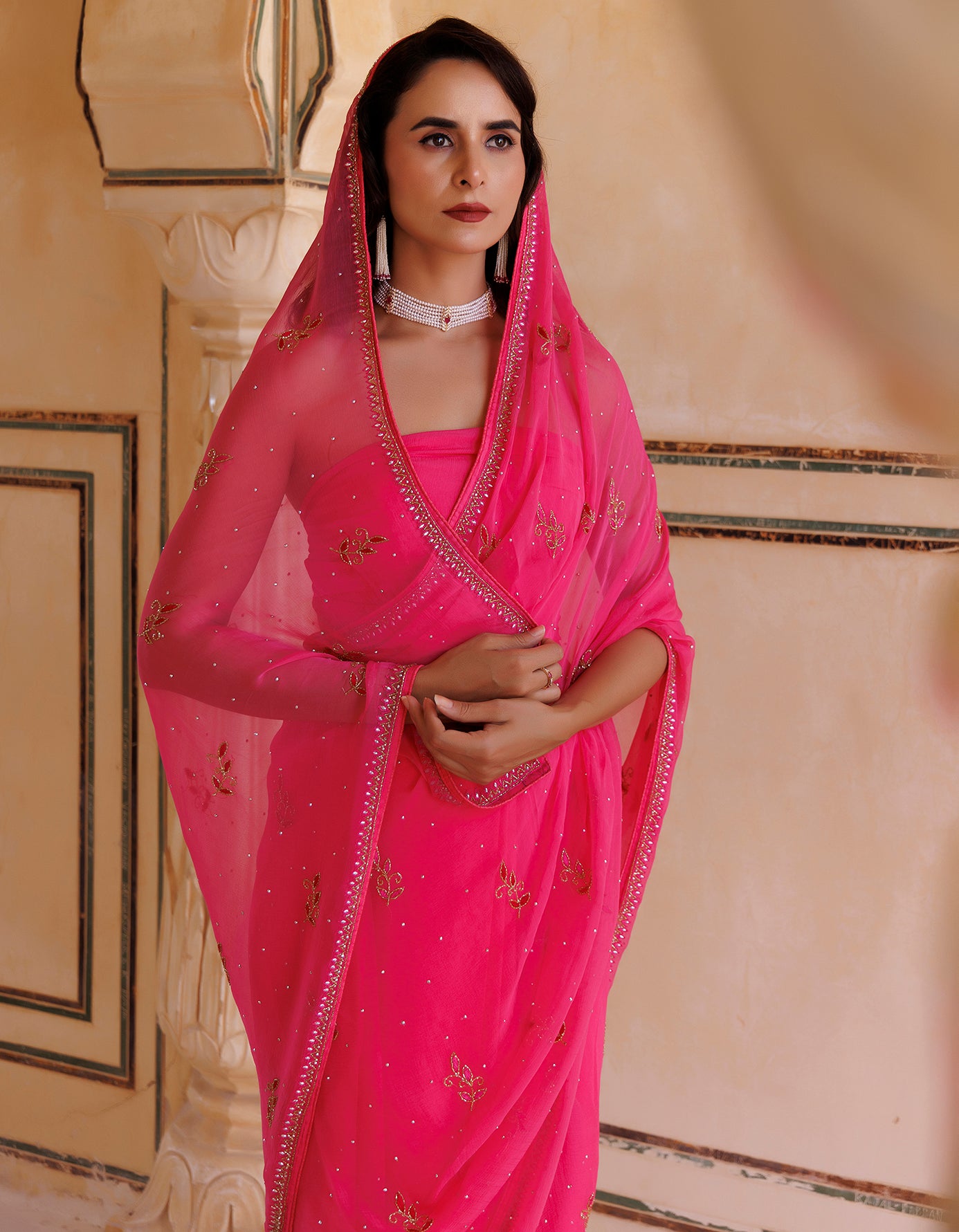 Hot Pink Hand Embroidered Resham-Tube Chiffon Saree