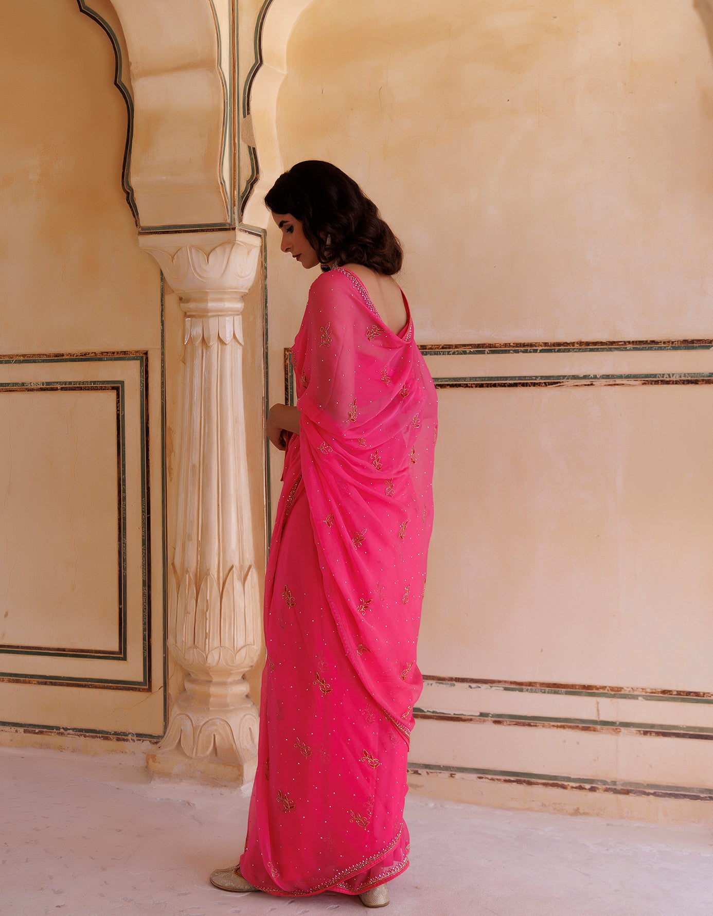 Hot Pink Hand Embroidered Resham-Tube Chiffon Saree
