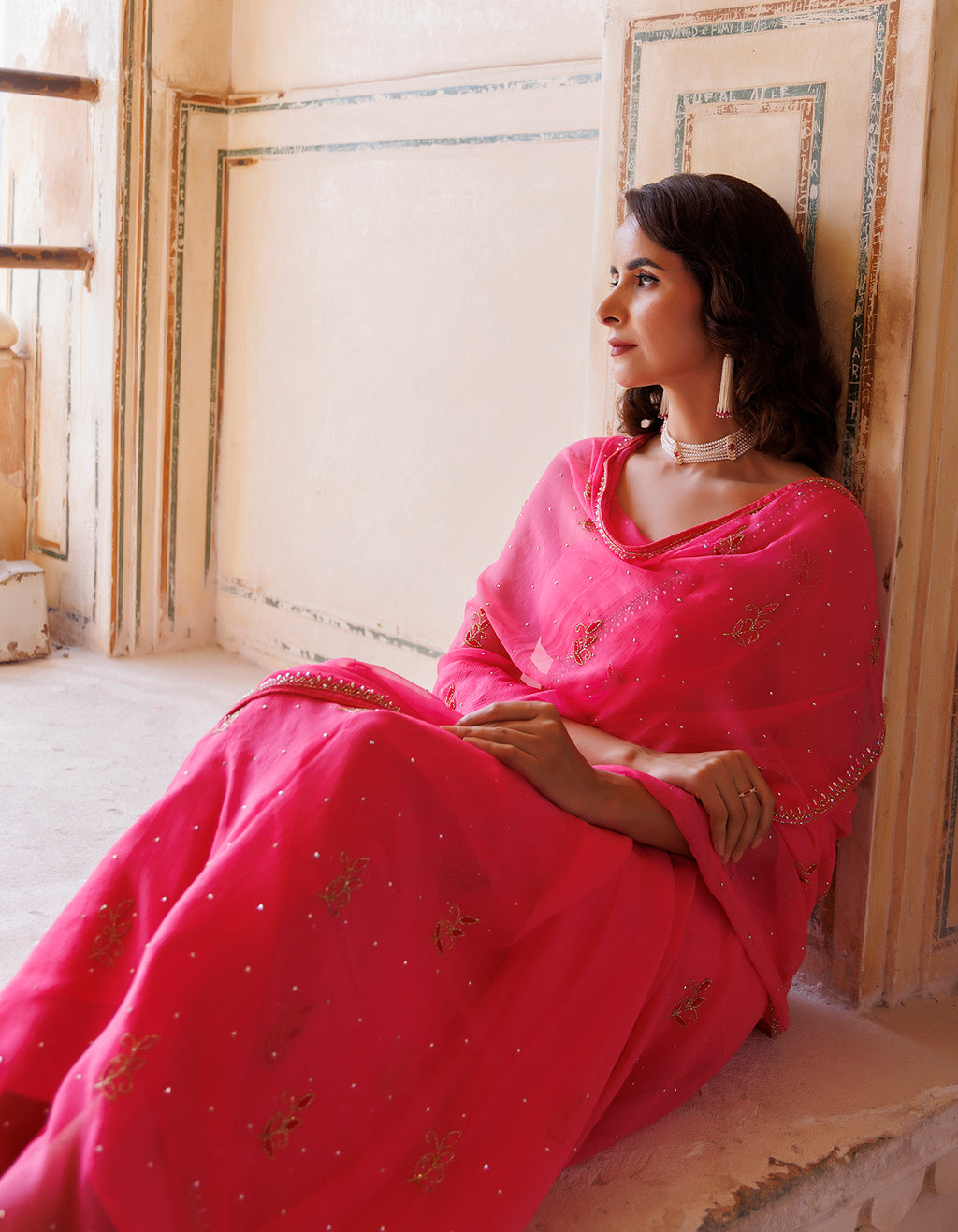 Hot Pink Hand Embroidered Resham-Tube Chiffon Saree