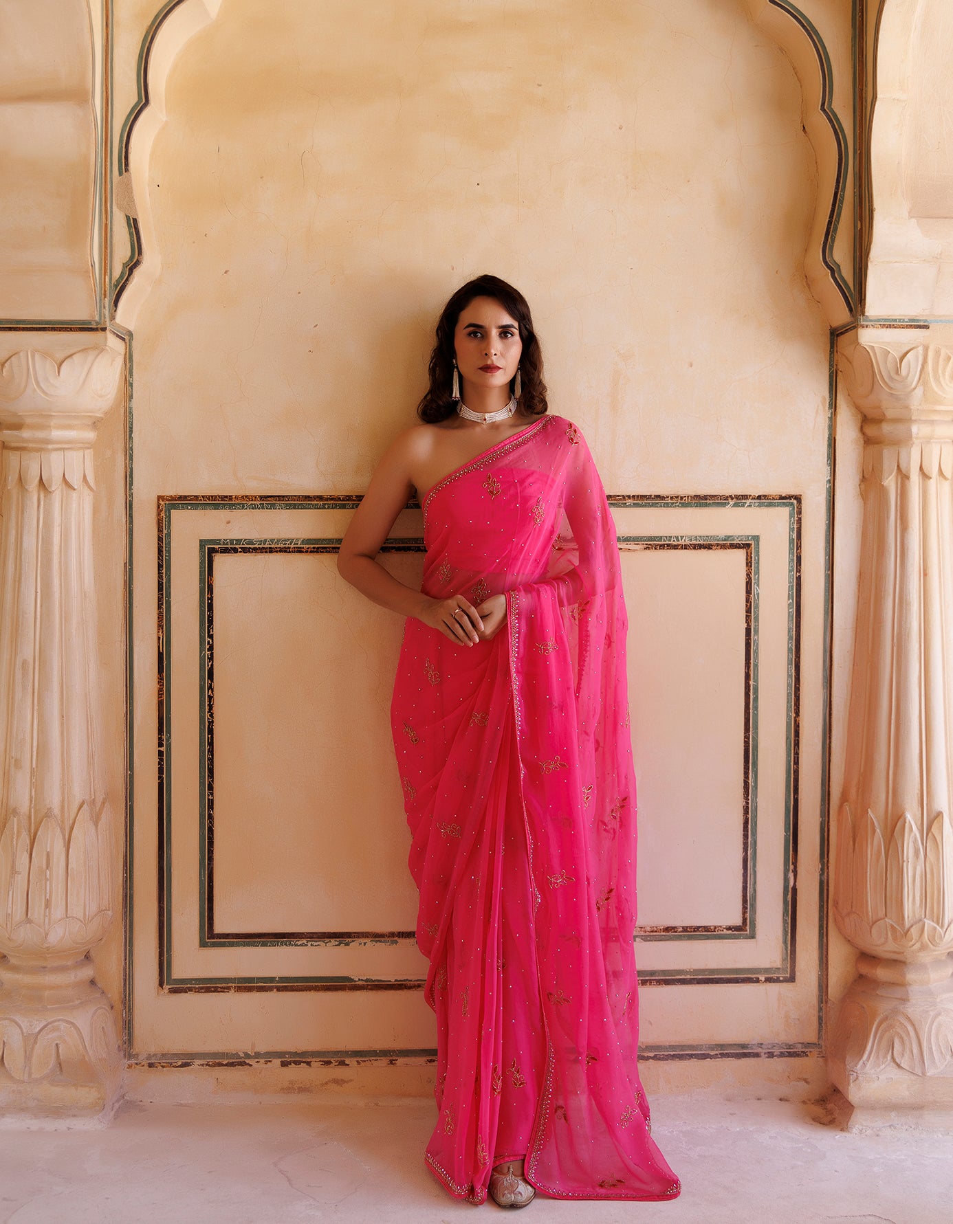 Hot Pink Hand Embroidered Resham-Tube Chiffon Saree
