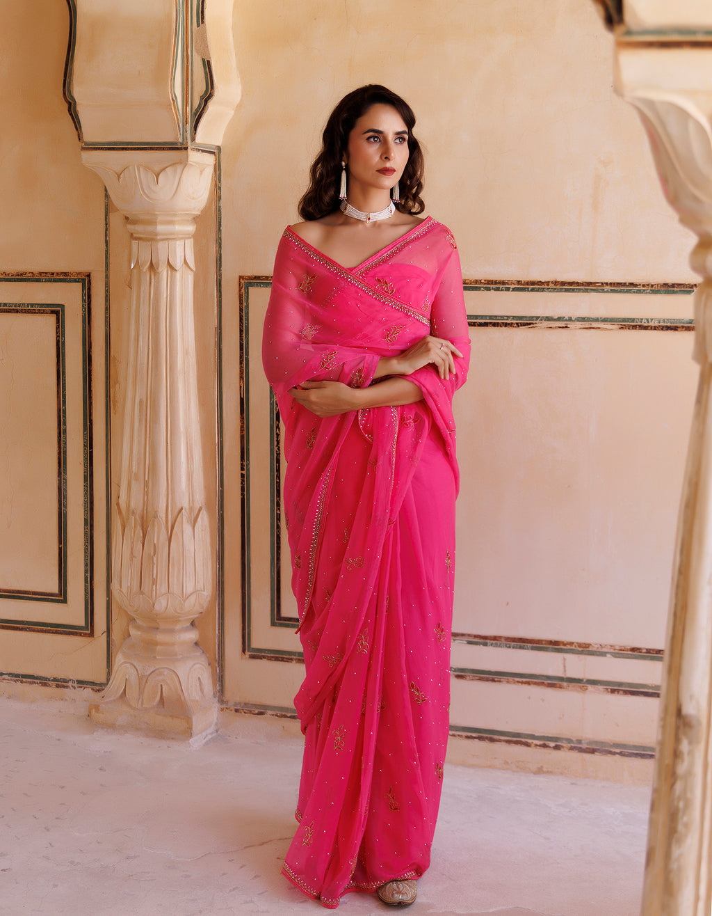Hot Pink Hand Embroidered Resham-Tube Chiffon Saree