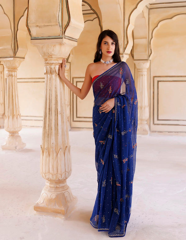 Navy blue Hand embroidered Resham-tube Chiffon saree