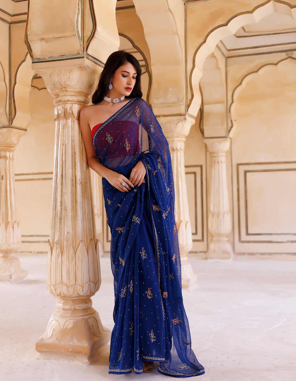 Navy Blue Hand Embroidered Resham-Tube Chiffon Saree
