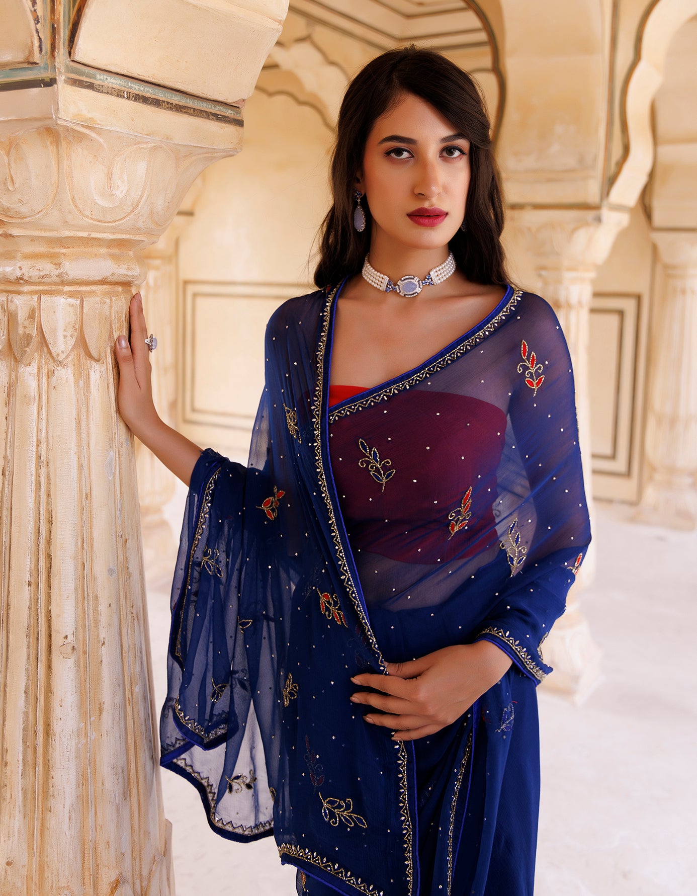 Navy Blue Hand Embroidered Resham-Tube Chiffon Saree
