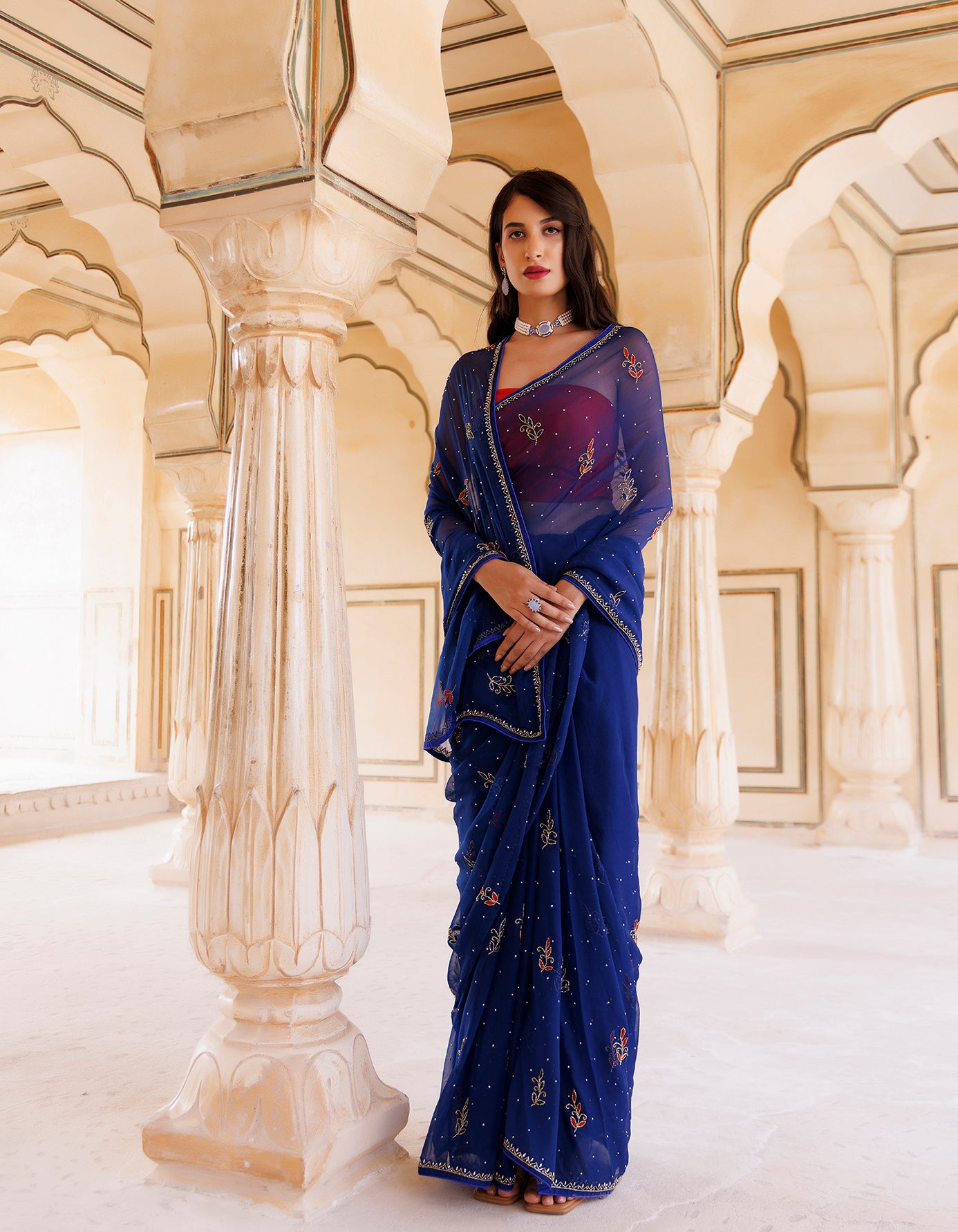 Navy Blue Hand Embroidered Resham-Tube Chiffon Saree