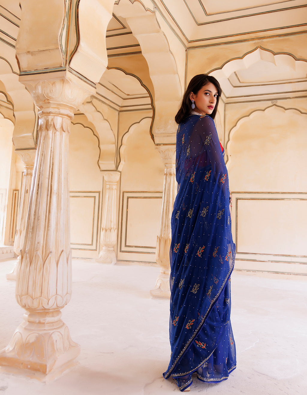 Navy Blue Hand Embroidered Resham-Tube Chiffon Saree