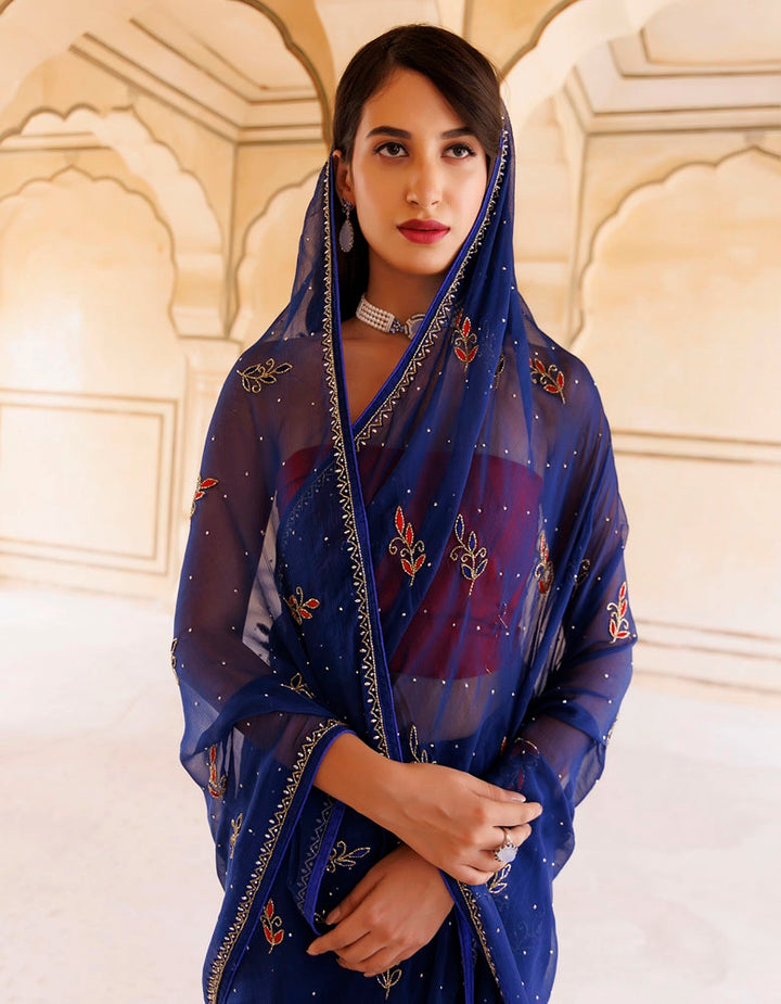 Navy blue Hand embroidered Resham-tube Chiffon saree