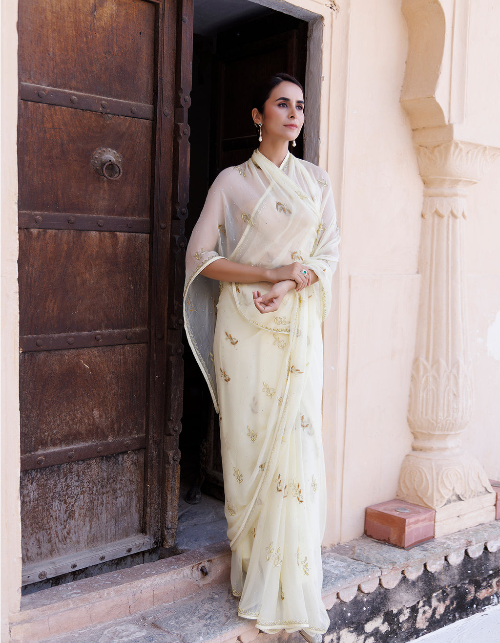 Pale Yellow Hand Embroidered Resham-Tube Chiffon Saree