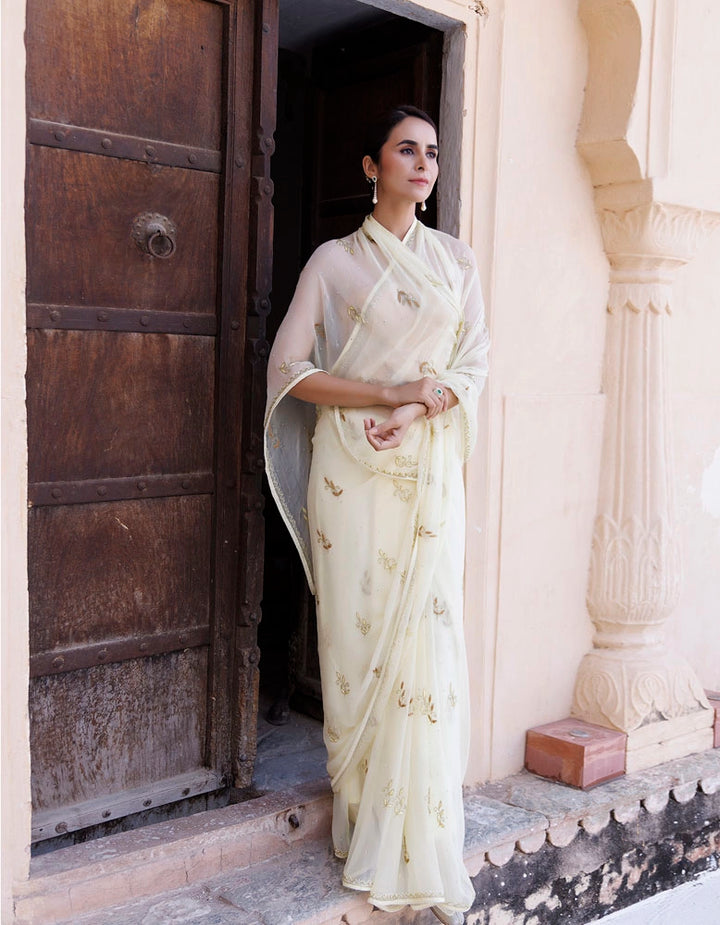 Pale Yellow Hand Embroidered Resham-Tube Chiffon Saree