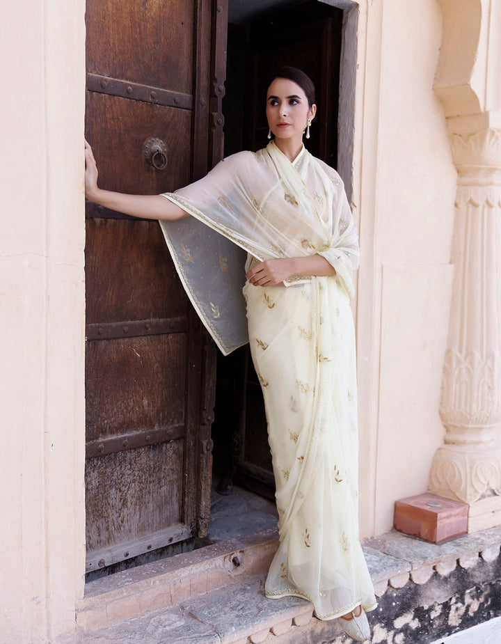 Pale Yellow Hand Embroidered Resham-Tube Chiffon Saree
